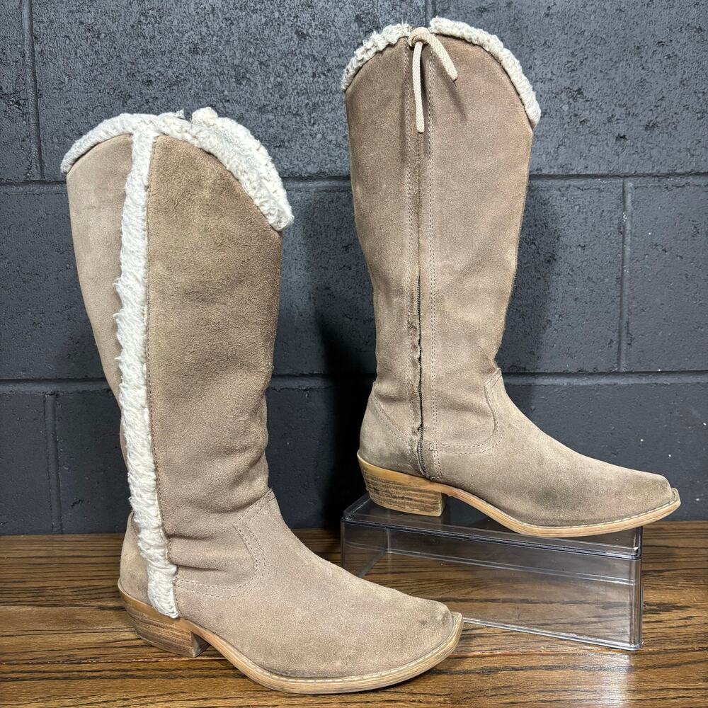Vintage Dingo Taupe Suede Western Boots Sherpa Trim Cowboy Women’s 6.5